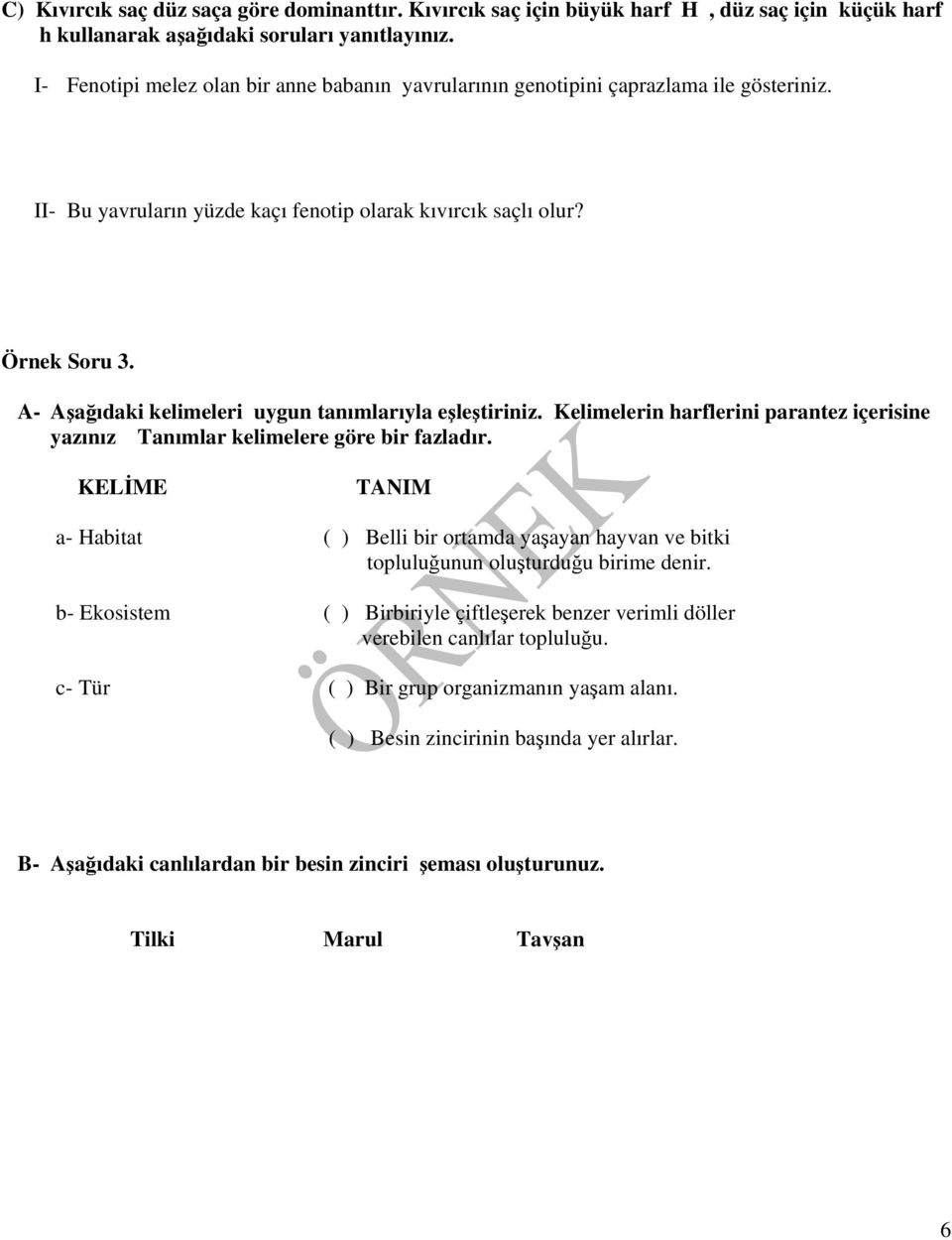 A- Aşağıdaki kelimeleri uygun tanımlarıyla eşleştiriniz. Kelimelerin harflerini parantez içerisine yazınız Tanımlar kelimelere göre bir fazladır.