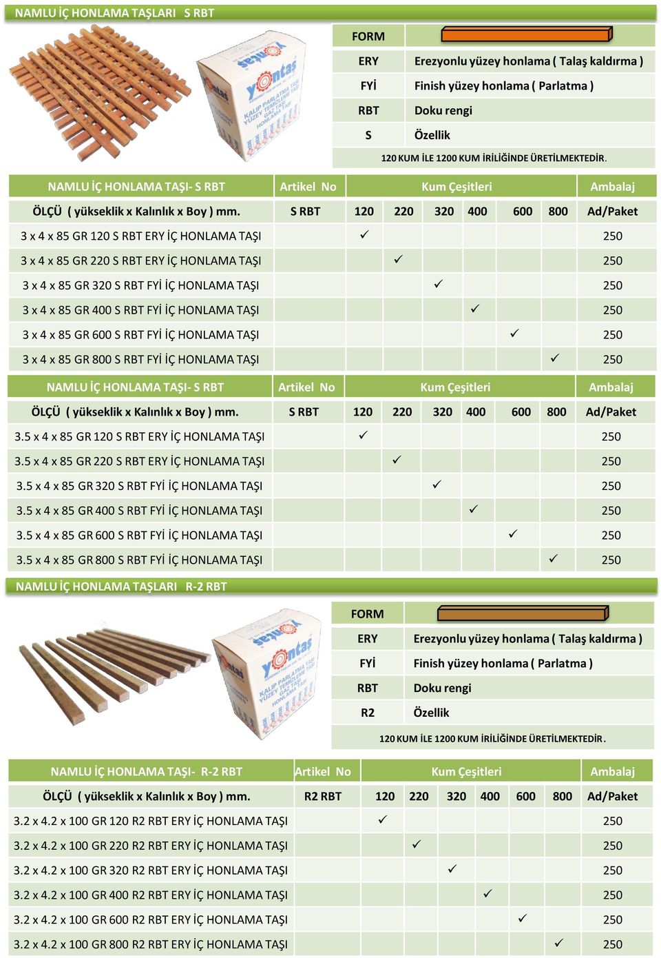 S RBT 120 220 320 400 600 800 Ad/Paket 3 x 4 x 85 GR 120 S RBT ERY İÇ HONLAMA TAŞI 250 3 x 4 x 85 GR 220 S RBT ERY İÇ HONLAMA TAŞI 250 3 x 4 x 85 GR 320 S RBT FYİ İÇ HONLAMA TAŞI 250 3 x 4 x 85 GR