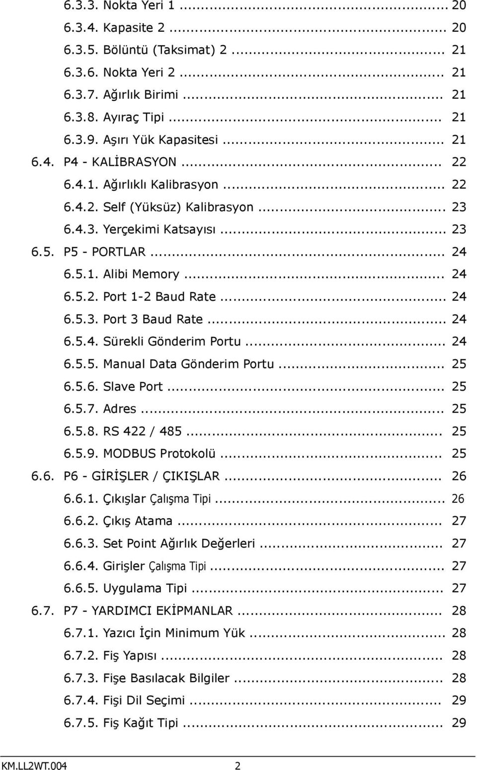 .. 24 6.5.4. Sürekli Gönderim Portu... 24 6.5.5. Manual Data Gönderim Portu... 25 6.5.6. Slave Port... 25 6.5.7. Adres... 25 6.5.8. RS 422 / 485... 25 6.5.9. MODBUS Protokolü... 25 6.6. P6 - GİRİŞLER / ÇIKIŞLAR.