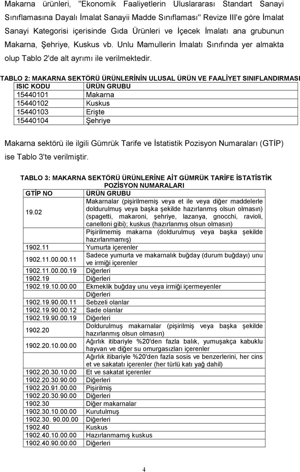 TABLO 2: MAKARNA SEKTÖRÜ ÜRÜNLERİNİN ULUSAL ÜRÜN VE FAALİYET SINIFLANDIRMASI ISIC KODU ÜRÜN GRUBU 15440101 Makarna 15440102 Kuskus 15440103 Erişte 15440104 Şehriye Makarna sektörü ile ilgili Gümrük