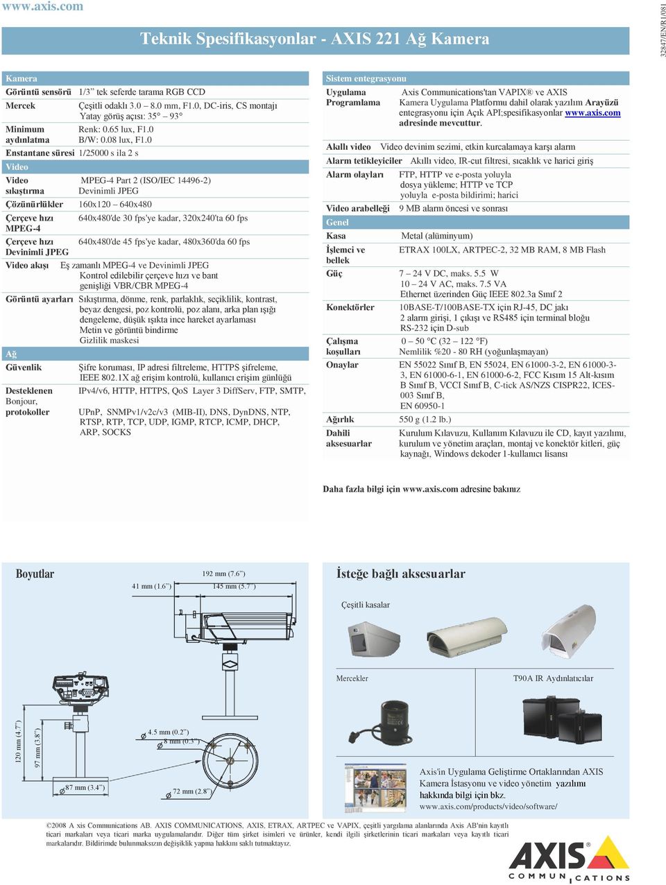 0 Enstantane süresi 1/25000 s ila 2 s Video Video MPEG-4 Part 2 (ISO/IEC 14496-2) sıkıştırma Devinimli JPEG Çözünürlükler 160x120 640x480 Çerçeve hızı 640x480'de 30 fps'ye kadar, 320x240'ta 60 fps