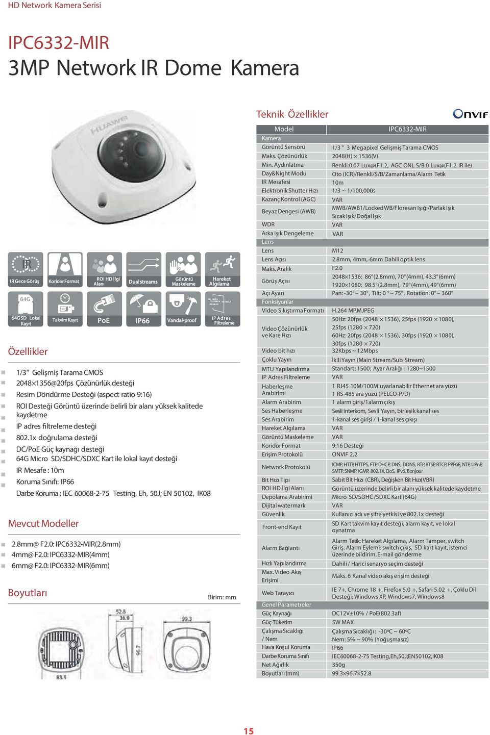 1x doğrulama desteği DC/PoE Güç kaynağı desteği 64G Micro SD/SDHC/SDXC Kart ile lokal kayıt desteği IR Mesafe : 10m Koruma Sınıfı: Darbe Koruma : IEC 60068-2-75 Testing, Eh, 50J; EN 50102, IK08