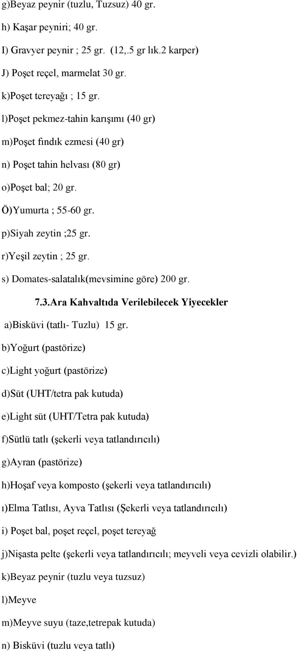 s) Domates-salatalık(mevsimine göre) 200 gr. 7.3.Ara Kahvaltıda Verilebilecek Yiyecekler a)bisküvi (tatlı- Tuzlu) 15 gr.