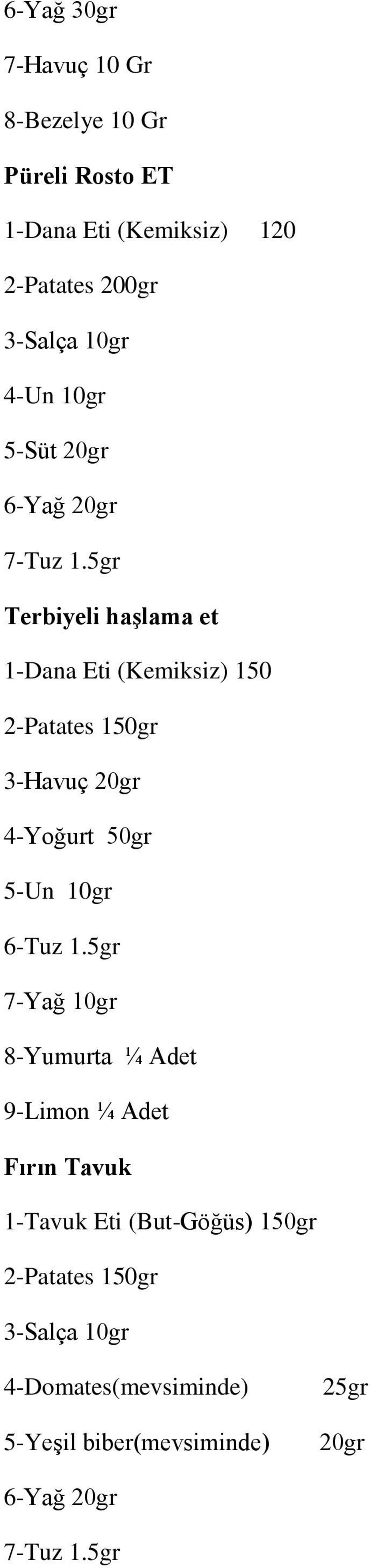 5gr Terbiyeli haşlama et 1-Dana Eti (Kemiksiz) 150 2-Patates 150gr 3-Havuç 20gr 4-Yoğurt 50gr 5-Un 10gr 6-Tuz 1.