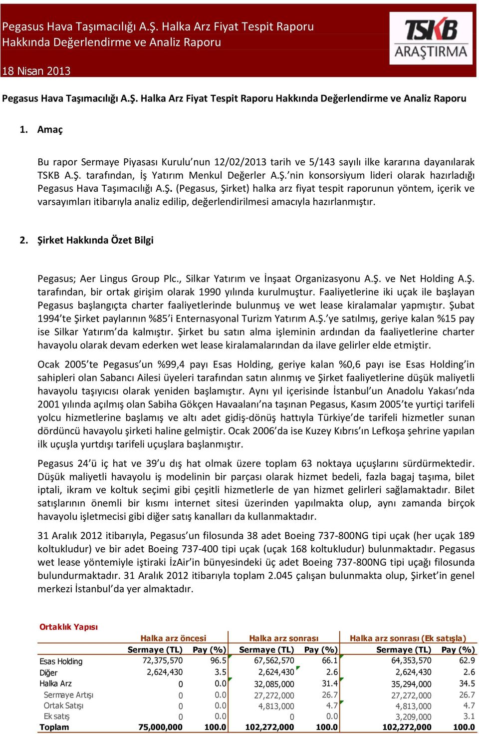 Amaç Bu rapor Sermaye Piyasası Kurulu nun 12/02/2013 tarih ve 5/143 sayılı ilke kararına dayanılarak TSKB A.Ş. tarafından, İş Yatırım Menkul Değerler A.Ş. nin konsorsiyum lideri olarak hazırladığı Pegasus Hava Taşımacılığı A.