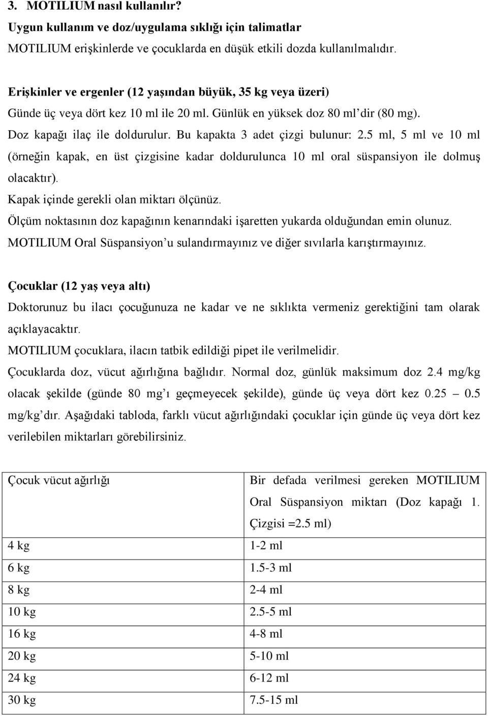 Bu kapakta 3 adet çizgi bulunur: 2.5 ml, 5 ml ve 10 ml (örneğin kapak, en üst çizgisine kadar doldurulunca 10 ml oral süspansiyon ile dolmuş olacaktır). Kapak içinde gerekli olan miktarı ölçünüz.