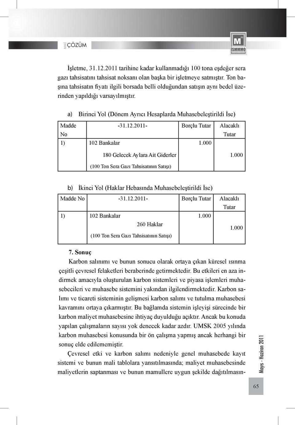 2011- Borçlu Tutar Alacaklı No Tutar 1) 102 Bankalar 1.000 180 Gelecek Aylara Ait Giderler 1.