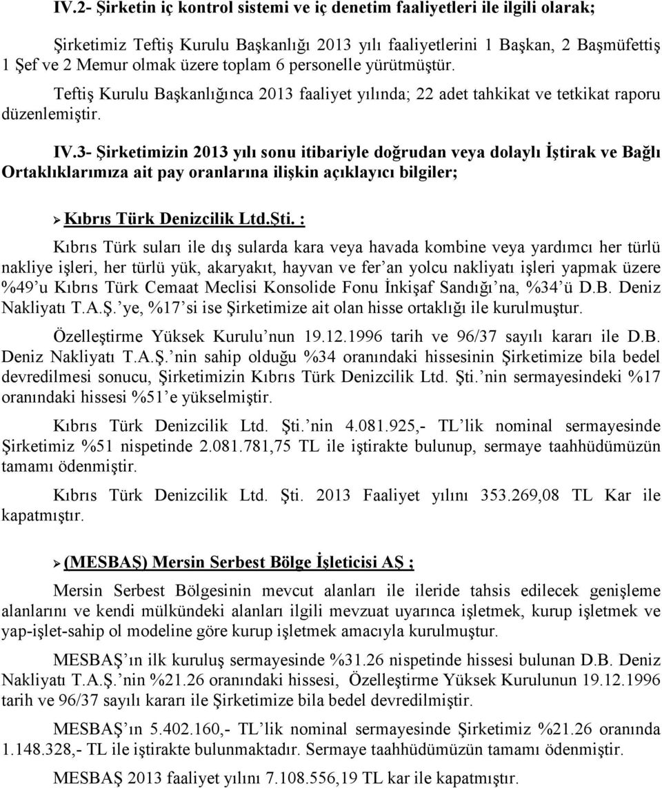 3 Şirketimizin 2013 yılı sonu itibariyle doğrudan veya dolaylı İştirak ve Bağlı Ortaklıklarımıza ait pay oranlarına ilişkin açıklayıcı bilgiler; Kıbrıs Türk Denizcilik Ltd.Şti.