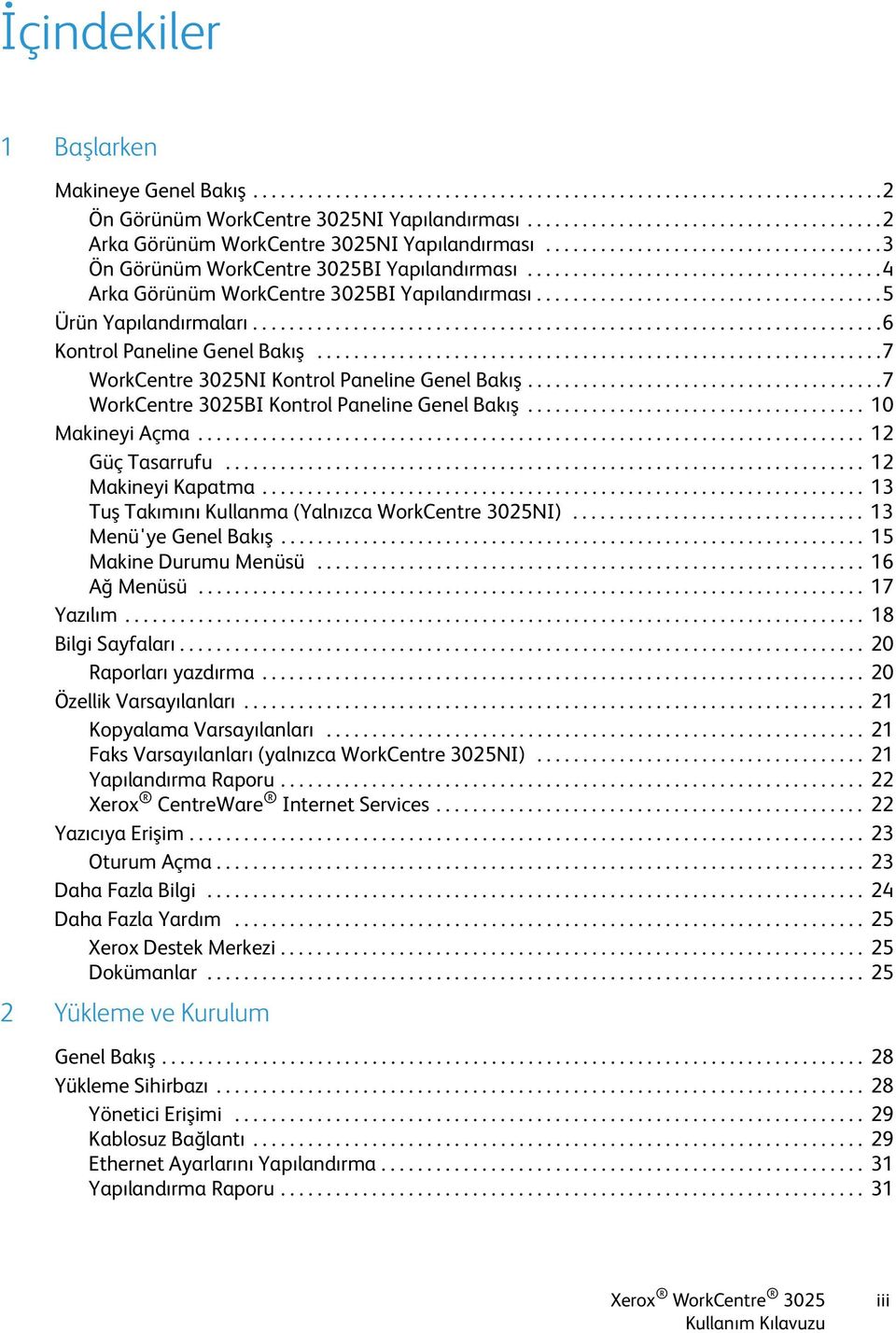 ......................................4 Arka Görünüm WorkCentre 3025BI Yapılandırması......................................5 Ürün Yapılandırmaları.....................................................................6 Kontrol Paneline Genel Bakış.