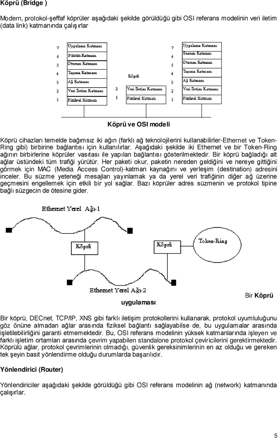 Aşağıdaki şekilde iki Ethernet ve bir Token-Ring ağının birbirlerine köprüler vasıtası ile yapılan bağlantısı gösterilmektedir. Bir köprü bağladığı alt ağlar üstündeki tüm trafiği yürütür.