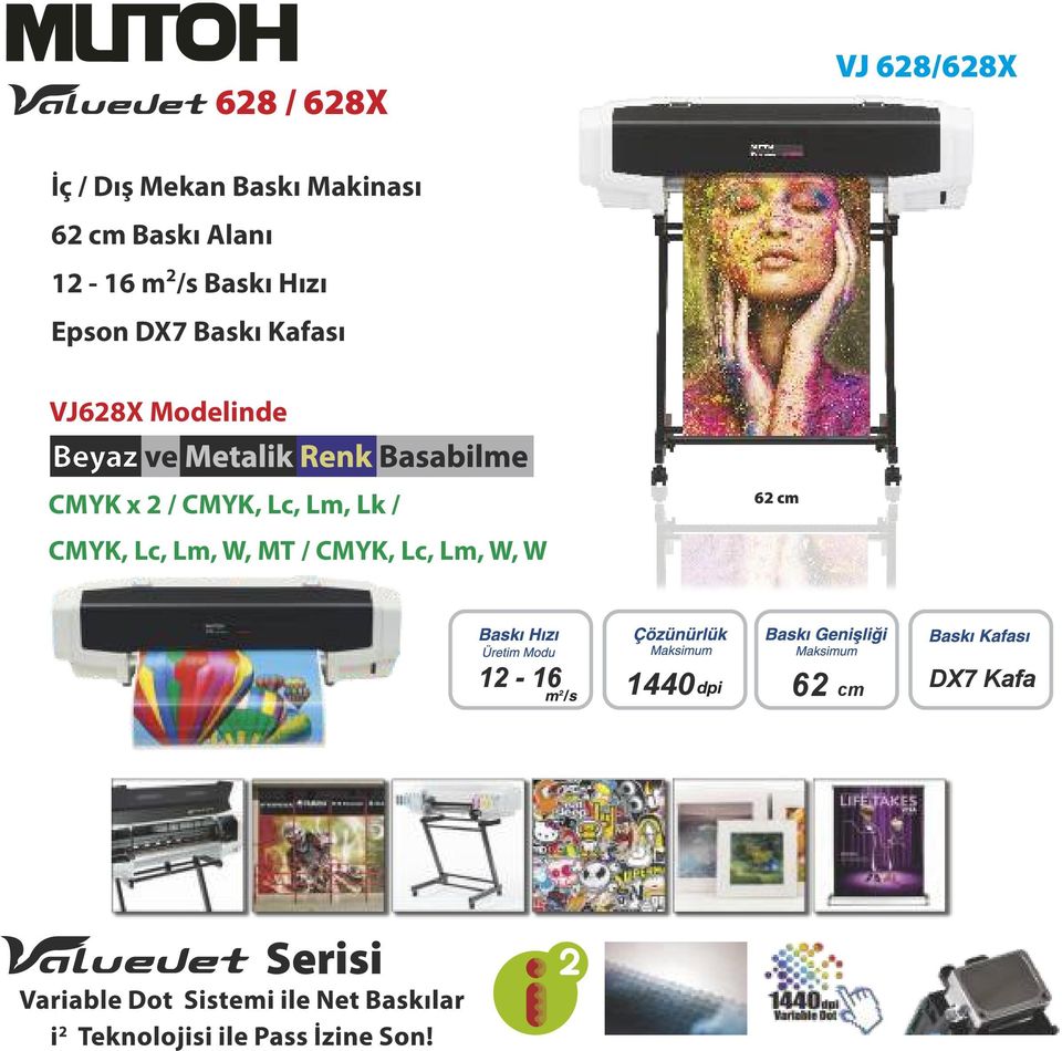 VJ628X Modelinde CMYK x 2 / CMYK, Lc, Lm, Lk / 62 cm CMYK,