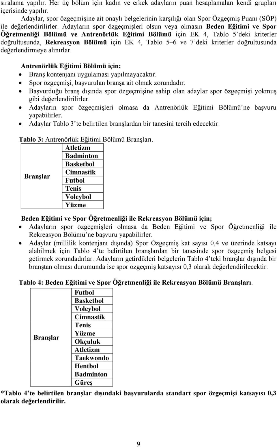 Adayların spor özgeçmişleri olsun veya olmasın Beden Eğitimi ve Spor Öğretmenliği Bölümü ve Antrenörlük Eğitimi Bölümü için EK 4, Tablo 5 deki kriterler doğrultusunda, Rekreasyon Bölümü için EK 4,