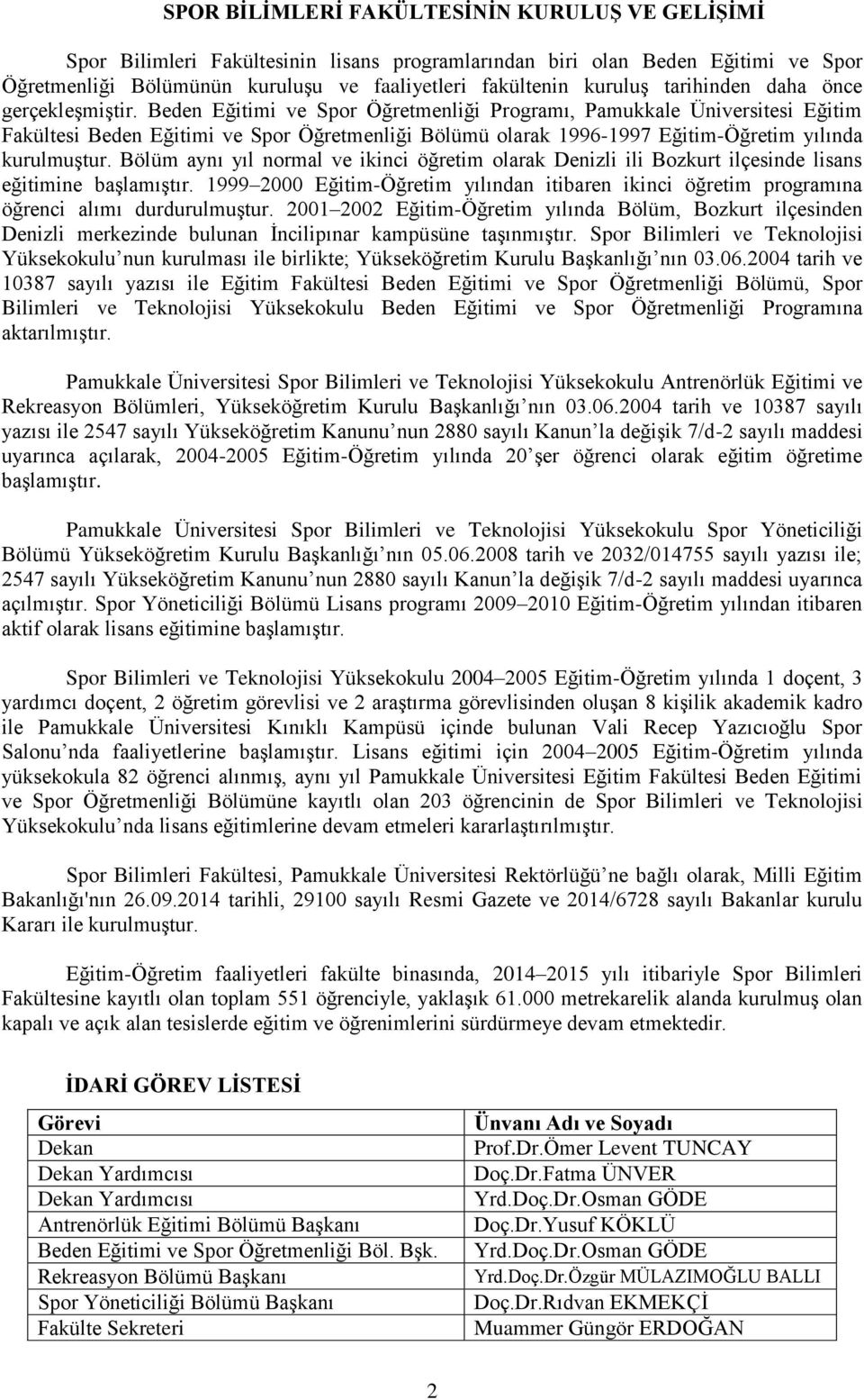 Beden Eğitimi ve Spor Öğretmenliği Programı, Pamukkale Üniversitesi Eğitim Fakültesi Beden Eğitimi ve Spor Öğretmenliği Bölümü olarak 1996-1997 Eğitim-Öğretim yılında kurulmuştur.