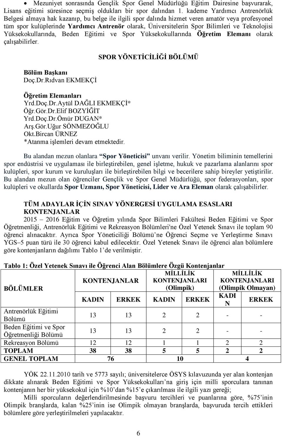 Bilimleri ve Teknolojisi Yüksekokullarında, Beden Eğitimi ve Spor Yüksekokullarında Öğretim Elemanı olarak çalışabilirler. Bölüm Başkanı Doç.Dr.Rıdvan EKMEKÇİ Öğretim Elemanları Yrd.Doç.Dr.Aytül DAĞLI EKMEKÇİ* Öğr.