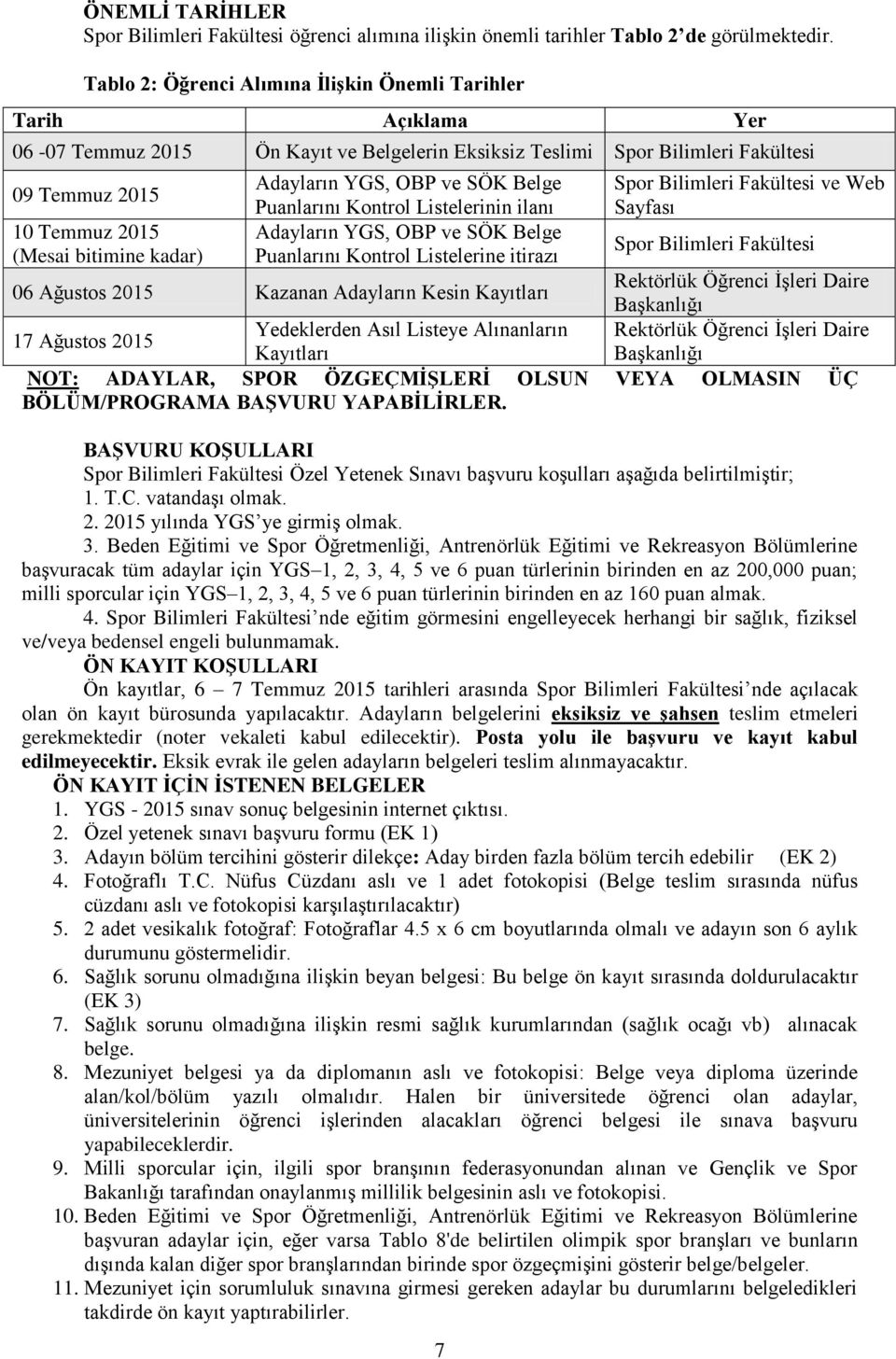 kadar) Adayların YGS, OBP ve SÖK Belge Puanlarını Kontrol Listelerinin ilanı Adayların YGS, OBP ve SÖK Belge Puanlarını Kontrol Listelerine itirazı 06 Ağustos 2015 Kazanan Adayların Kesin Kayıtları 7