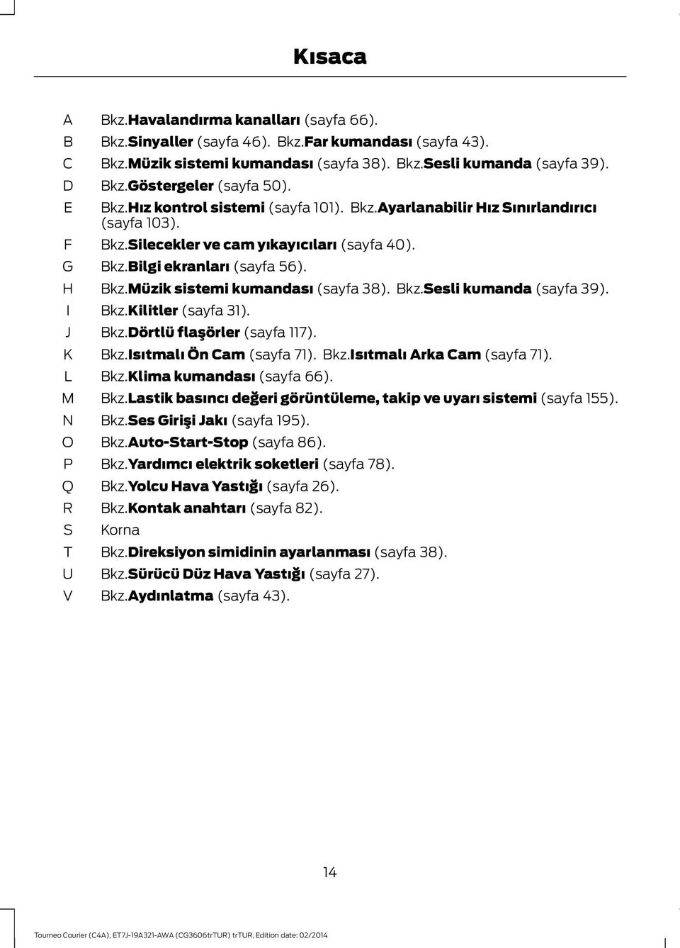 Bkz.Sesli kumanda (sayfa 39). Bkz.Kilitler (sayfa 31). Bkz.Dörtlü flaşörler (sayfa 117). Bkz.Isıtmalı Ön Cam (sayfa 71). Bkz.Isıtmalı Arka Cam (sayfa 71). Bkz.Klima kumandası (sayfa 66). Bkz.Lastik basıncı değeri görüntüleme, takip ve uyarı sistemi (sayfa 155).