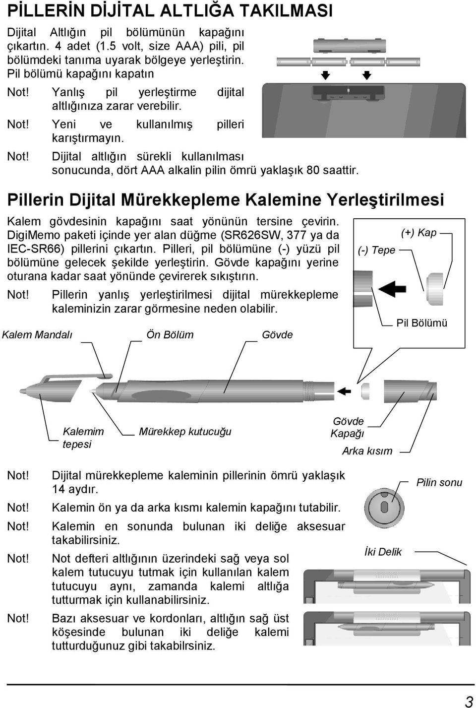 Dijital altlığın sürekli kullanılması sonucunda, dört AAA alkalin pilin ömrü yaklaşık 80 saattir.