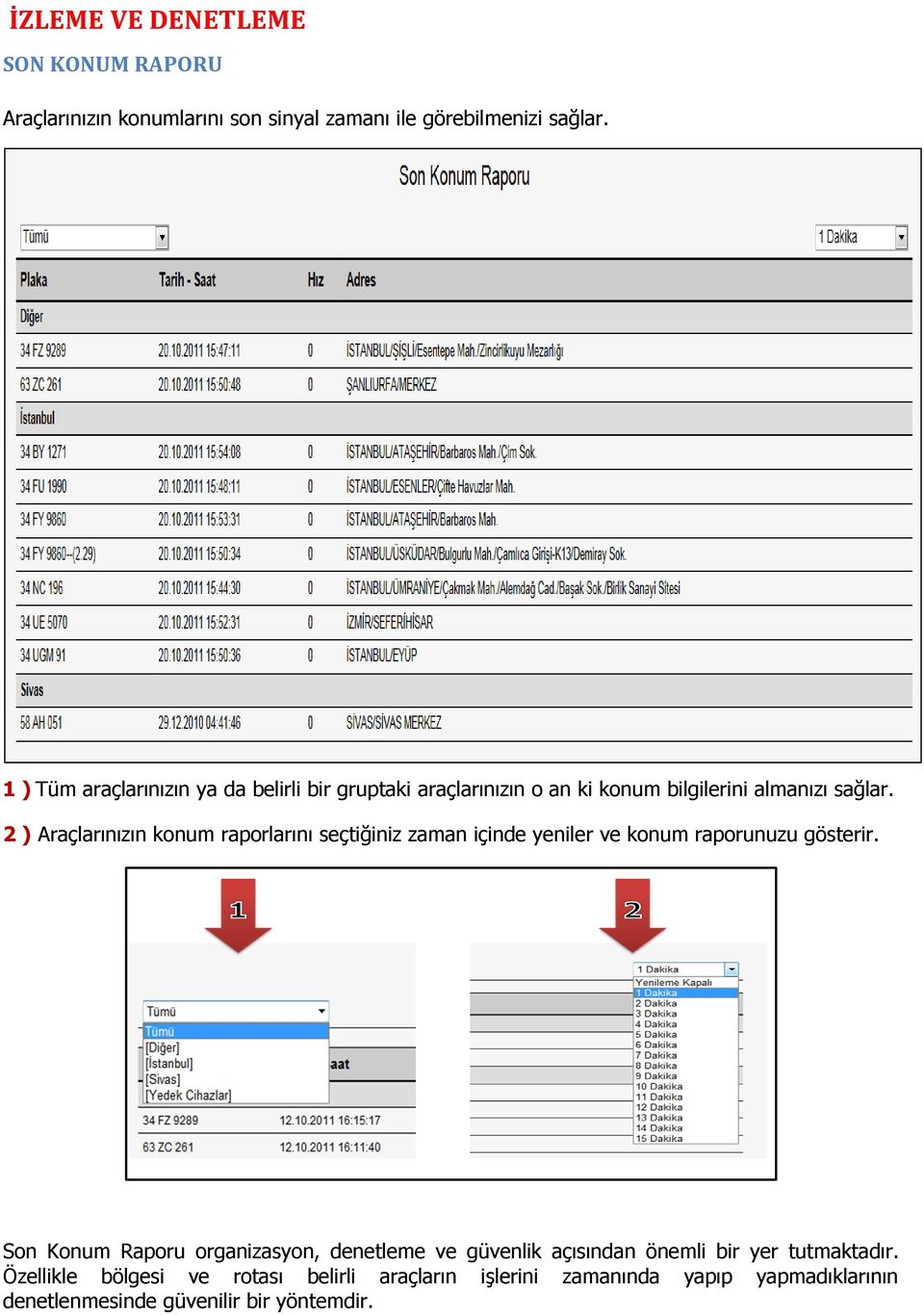 2 ) Araçlarınızın konum raporlarını seçtiğiniz zaman içinde yeniler ve konum raporunuzu gösterir.