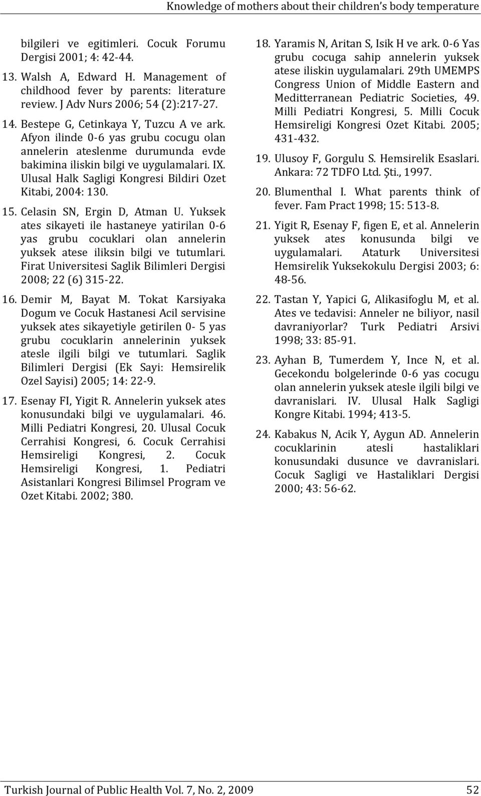 Afyon ilinde 0-6 yas grubu cocugu olan annelerin ateslenme durumunda evde bakimina iliskin bilgi ve uygulamalari. IX. Ulusal Halk Sagligi Kongresi Bildiri Ozet Kitabi, 2004: 130. 15.