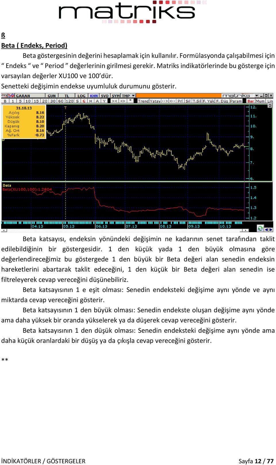 Beta katsayısı, endeksin yönündeki değişimin ne kadarının senet tarafından taklit edilebildiğinin bir göstergesidir.