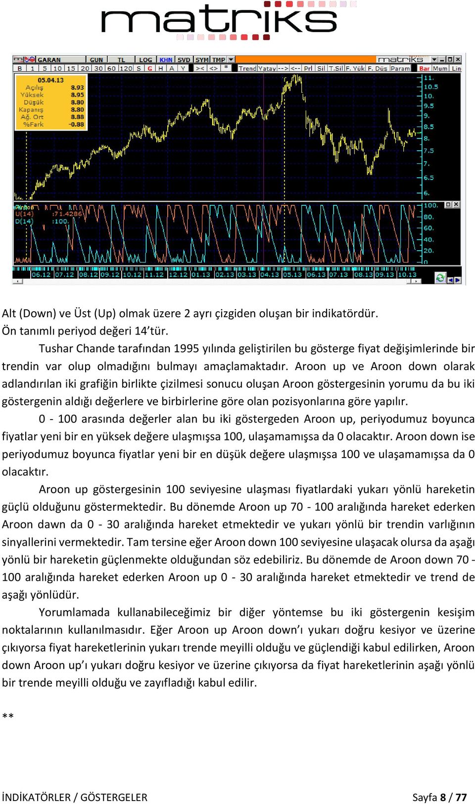 Aroon up ve Aroon down olarak adlandırılan iki grafiğin birlikte çizilmesi sonucu oluşan Aroon göstergesinin yorumu da bu iki göstergenin aldığı değerlere ve birbirlerine göre olan pozisyonlarına