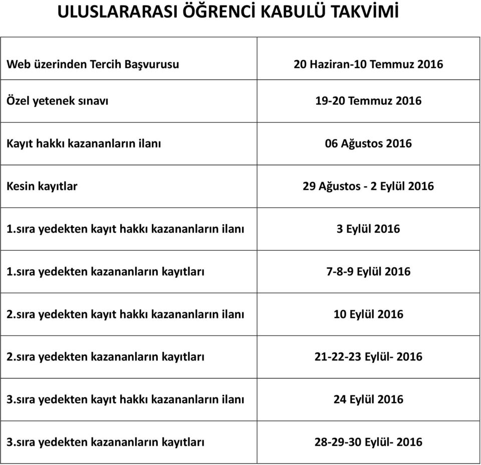 sıra yedekten kazananların kayıtları 7-8-9 Eylül 2016 2.sıra yedekten kayıt hakkı kazananların ilanı 10 Eylül 2016 2.