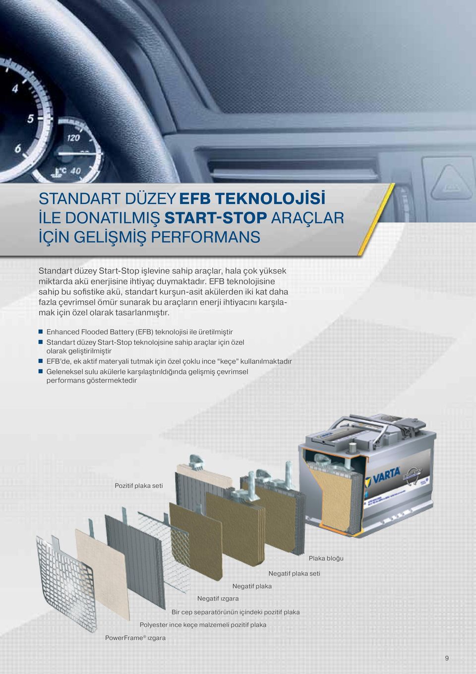 Enhanced Flooded Battery (EFB) teknolojisi ile üretilmiştir Standart düzey Start-Stop teknolojsine sahip araçlar için özel olarak geliştirilmiştir EFB de, ek aktif materyali tutmak için özel çoklu