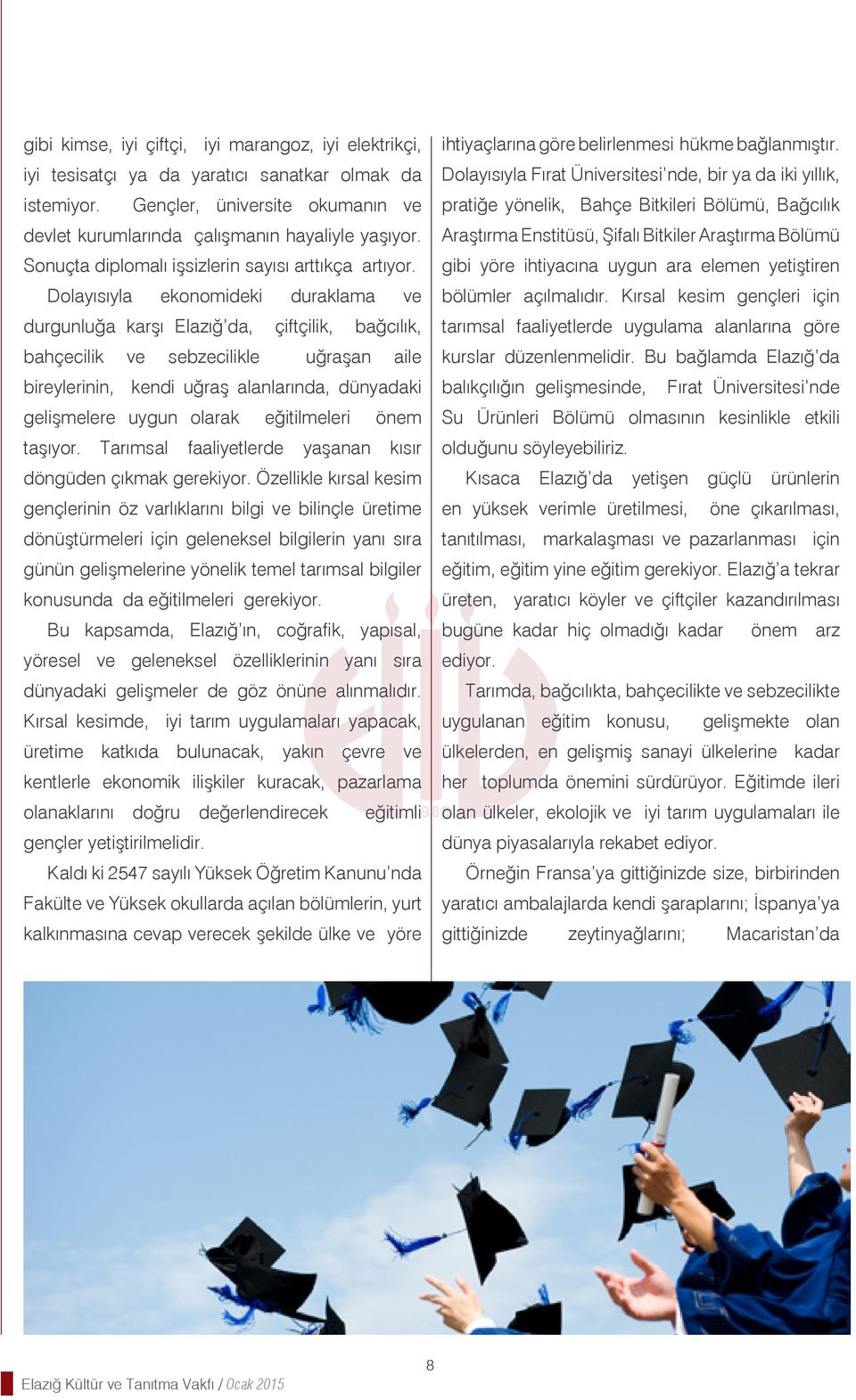 Dolayısıyla ekonomideki duraklama ve durgunluğa karşı Elazığ da, çiftçilik, bağcılık, bahçecilik ve sebzecilikle uğraşan aile bireylerinin, kendi uğraş alanlarında, dünyadaki gelişmelere uygun olarak