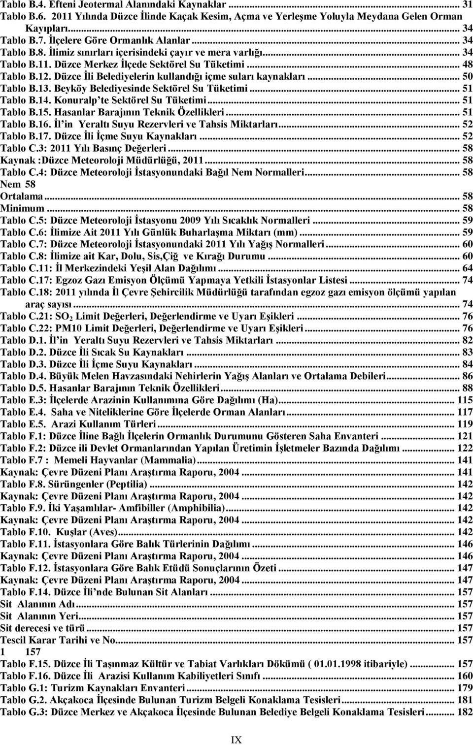 Düzce İli Belediyelerin kullandığı içme suları kaynakları... 50 Tablo B.13. Beyköy Belediyesinde Sektörel Su Tüketimi... 51 Tablo B.14. Konuralp te Sektörel Su Tüketimi... 51 Tablo B.15.