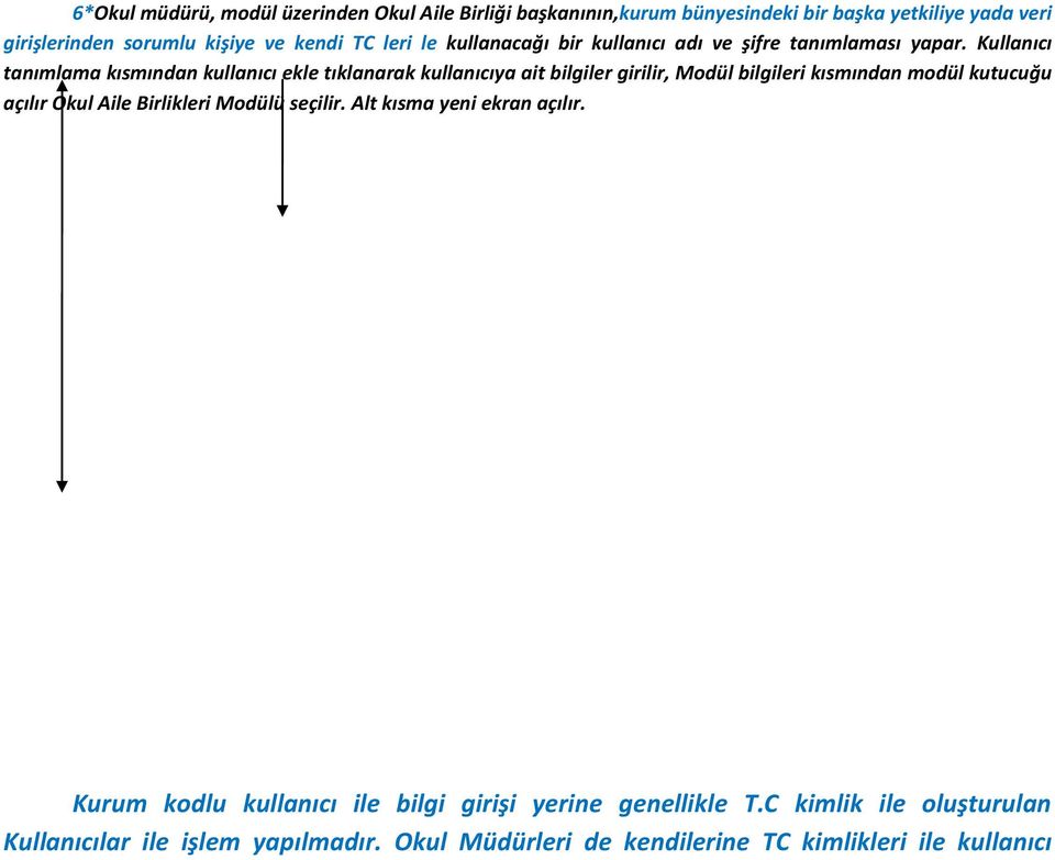 Kullanıcı tanımlama kısmından kullanıcı ekle tıklanarak kullanıcıya ait bilgiler girilir, Modül bilgileri kısmından modül kutucuğu açılır Okul Aile