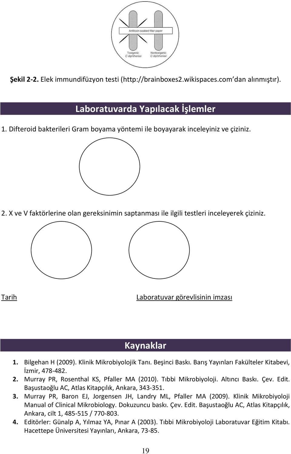 Tarih Laboratuvar görevlisinin imzası Kaynaklar 1. Bilgehan H (2009). Klinik Mikrobiyolojik Tanı. Beşinci Baskı. Barış Yayınları Fakülteler Kitabevi, İzmir, 478-482. 2.