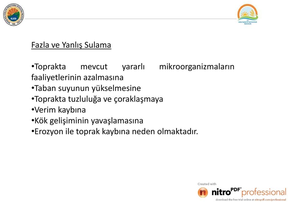 yükselmesine Toprakta tuzluluğa ve çoraklaşmaya Verim kaybına