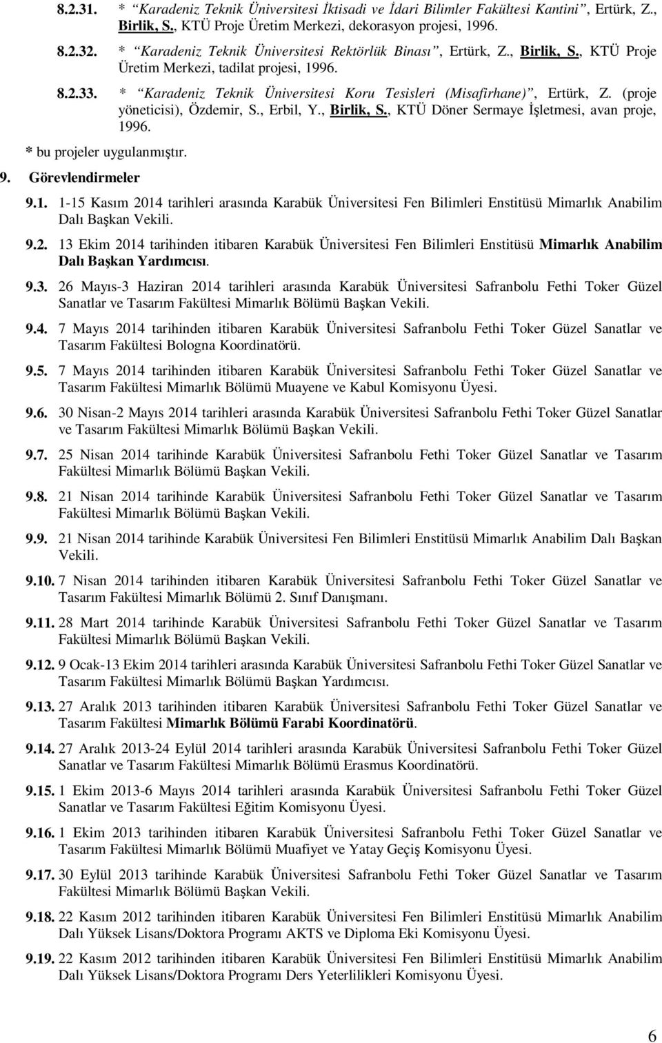 * Karadeniz Teknik Üniversitesi Koru Tesisleri (Misafirhane), Ertürk, Z. (proje yöneticisi), Özdemir, S., Erbil, Y., Birlik, S., KTÜ Döner Sermaye İşletmesi, avan proje, 1996.