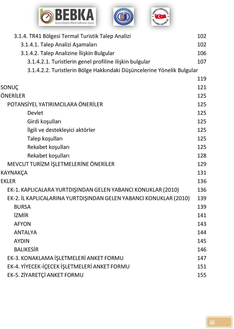 2. Turistlerin Bölge Hakkındaki Düşüncelerine Yönelik Bulgular 119 SONUÇ 121 ÖNERİLER 125 POTANSİYEL YATIRIMCILARA ÖNERİLER 125 Devlet 125 Girdi koşulları 125 İlgili ve destekleyici aktörler 125