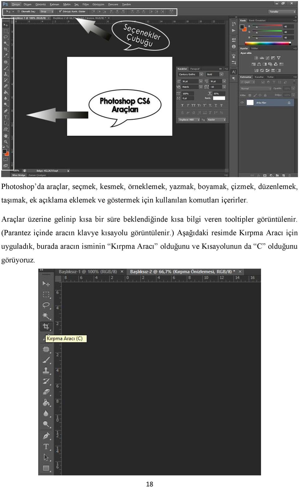 Araçlar üzerine gelinip kısa bir süre beklendiğinde kısa bilgi veren tooltipler görüntülenir.