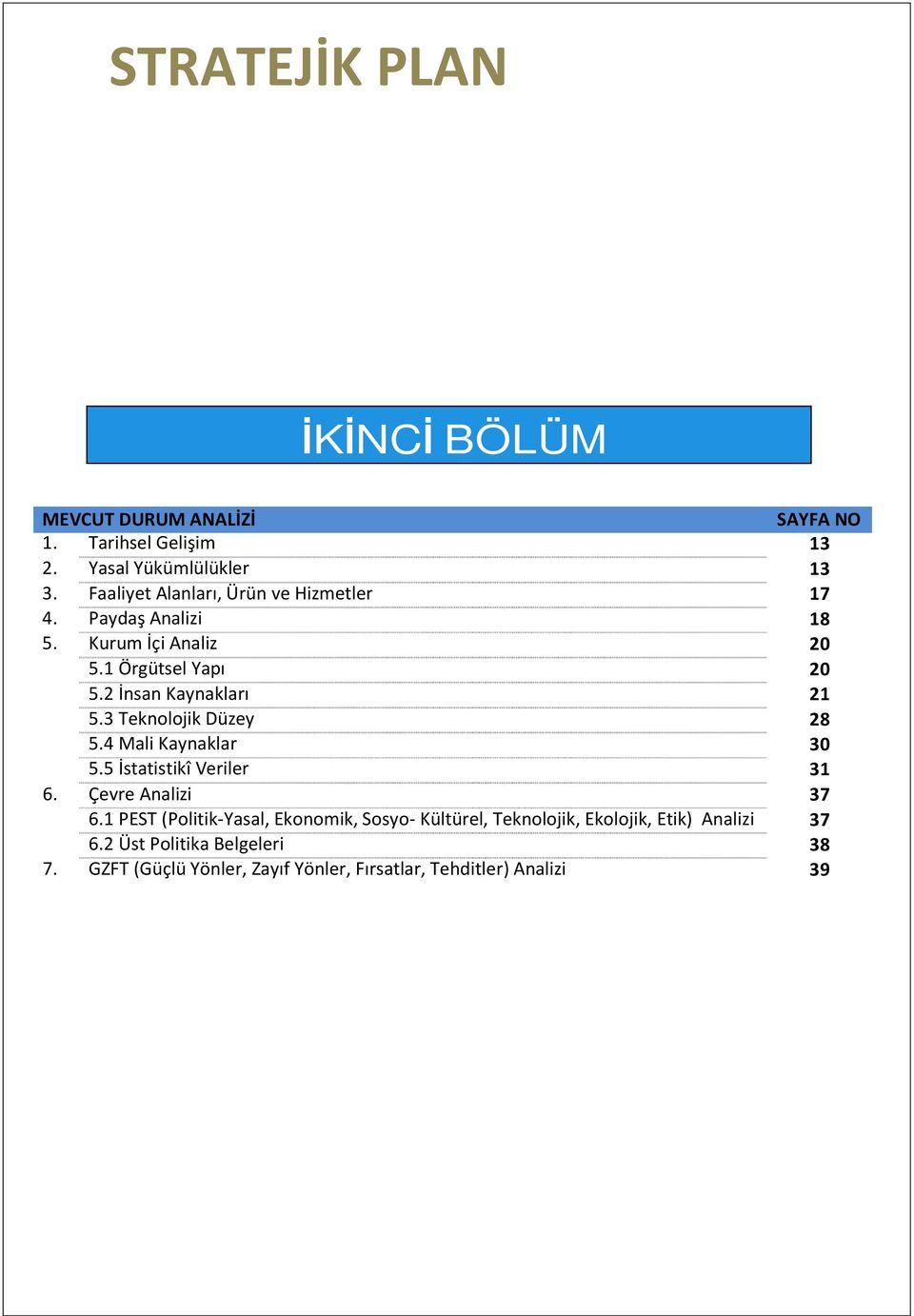 2 İnsan Kaynakları 21 5.3 Teknolojik Düzey 28 5.4 Mali Kaynaklar 30 5.5 İstatistikî Veriler 31 6. Çevre Analizi 37 6.