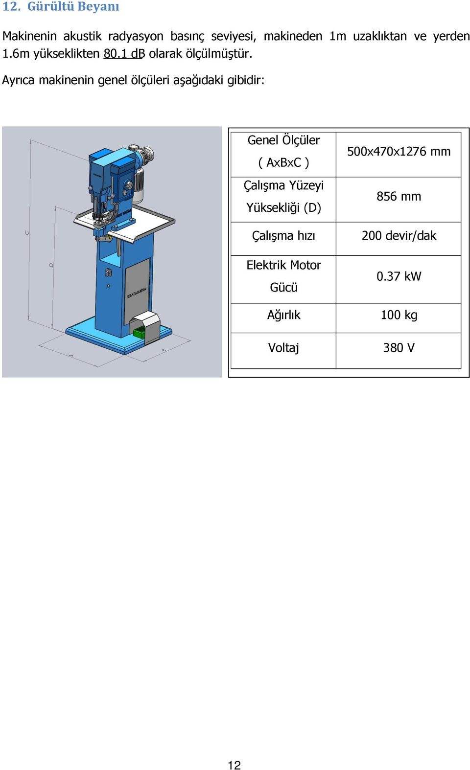 Ayrıca makinenin genel ölçüleri aģağıdaki gibidir: Genel Ölçüler ( AxBxC ) ÇalıĢma Yüzeyi