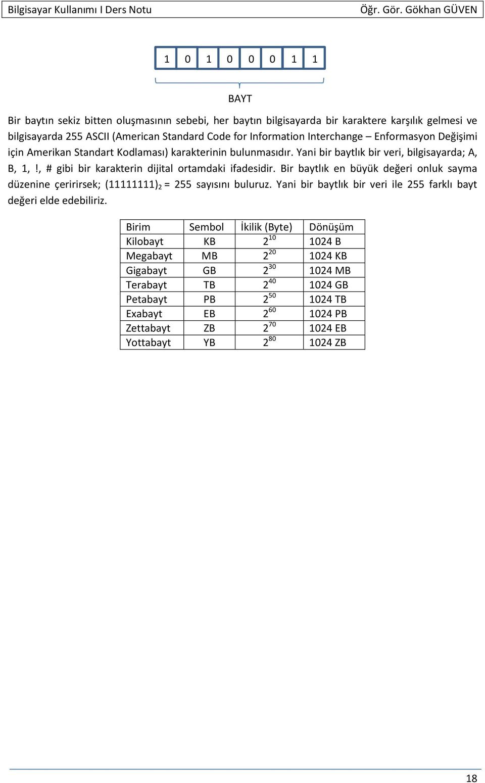 Bir baytlık en büyük değeri onluk sayma düzenine çeririrsek; (11111111) 2 = 255 sayısını buluruz. Yani bir baytlık bir veri ile 255 farklı bayt değeri elde edebiliriz.