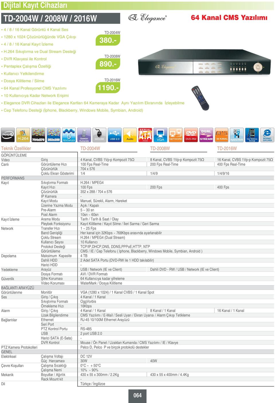 Elegance DVR Cihazları ile Elegance Kartları 64 Kameraya Kadar Aynı Ekranında İzleyebilme (İphone, Blackberry, Windows Mobile, Symbian, Android) 64 Kanal ı İzleme Görüntülenme 704x576 352x288 Hızı IP