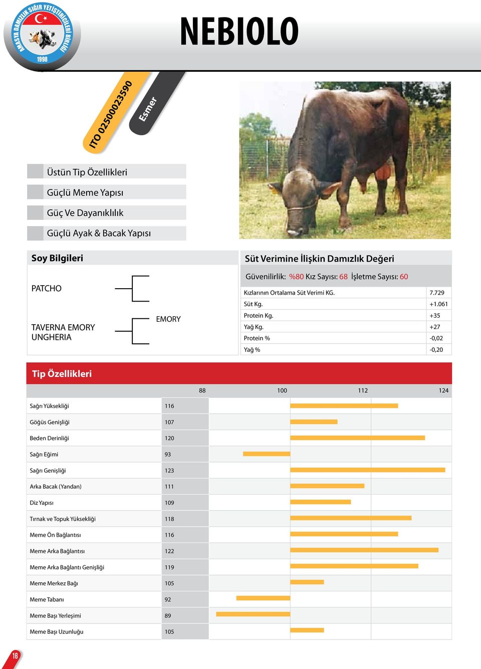 +27 Protein % -0,02 Yağ % -0,20 88 100 112 124 Sağrı Yüksekliği 116 Göğüs Genişliği 107 Beden Derinliği 120 Sağrı Eğimi 93 Sağrı Genişliği 123 Arka Bacak