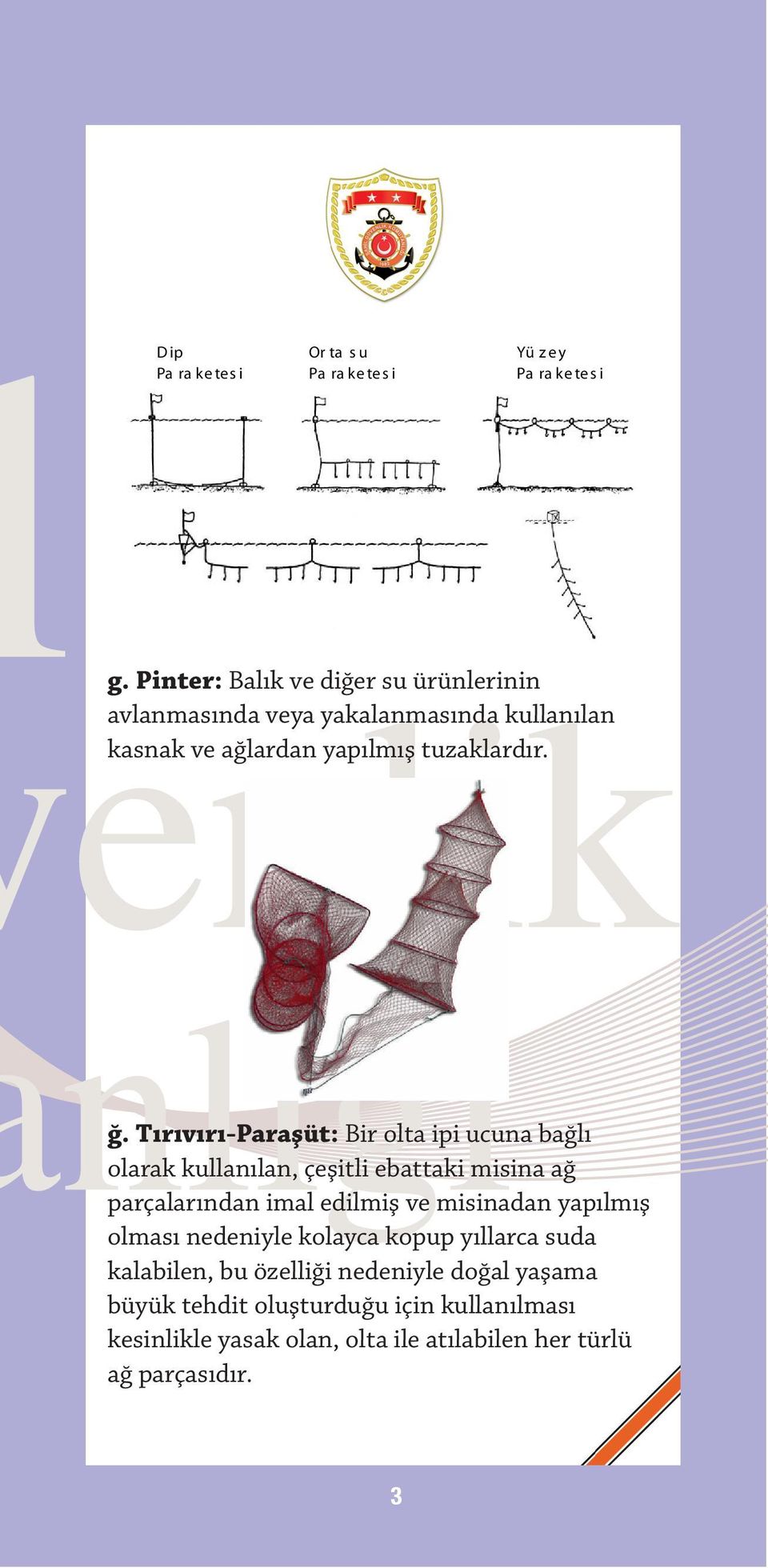 Tırıvırı-Paraşüt: Bir olta ipi ucuna bağlı olarak kullanılan, çeşitli ebattaki misina ağ parçalarından imal edilmiş ve misinadan