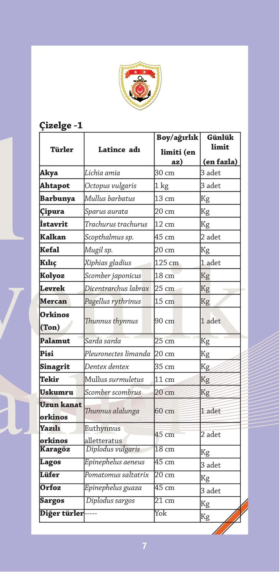 20 cm Kg Kılıç Xiphias gladius 125 cm 1 adet Kolyoz Scomber japonicus 18 cm Kg Levrek Dicentrarchus labrax 25 cm Kg Mercan Pagellus rythrinus 15 cm Kg Orkinos (Ton) Thunnus thynnus 90 cm 1 adet