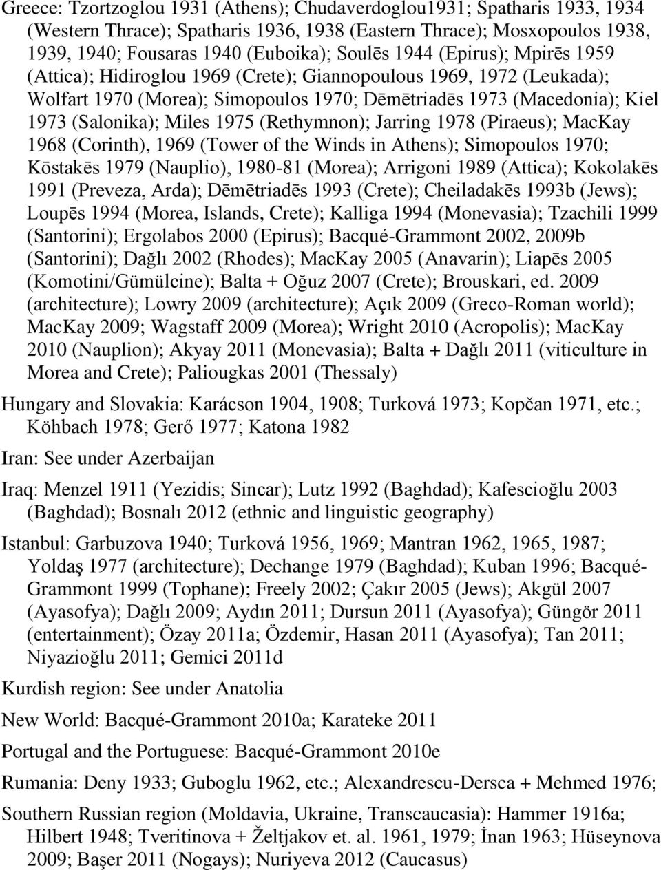 (Rethymnon); Jarring 1978 (Piraeus); MacKay 1968 (Corinth), 1969 (Tower of the Winds in Athens); Simopoulos 1970; Kōstakēs 1979 (Nauplio), 1980-81 (Morea); Arrigoni 1989 (Attica); Kokolakēs 1991
