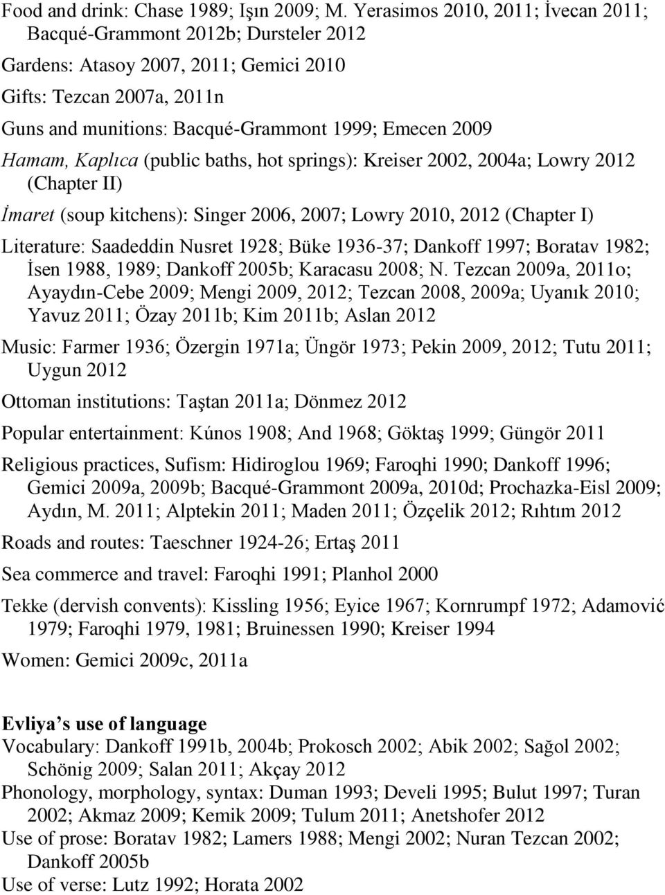 Hamam, Kaplıca (public baths, hot springs): Kreiser 2002, 2004a; Lowry 2012 (Chapter II) İmaret (soup kitchens): Singer 2006, 2007; Lowry 2010, 2012 (Chapter I) Literature: Saadeddin Nusret 1928;