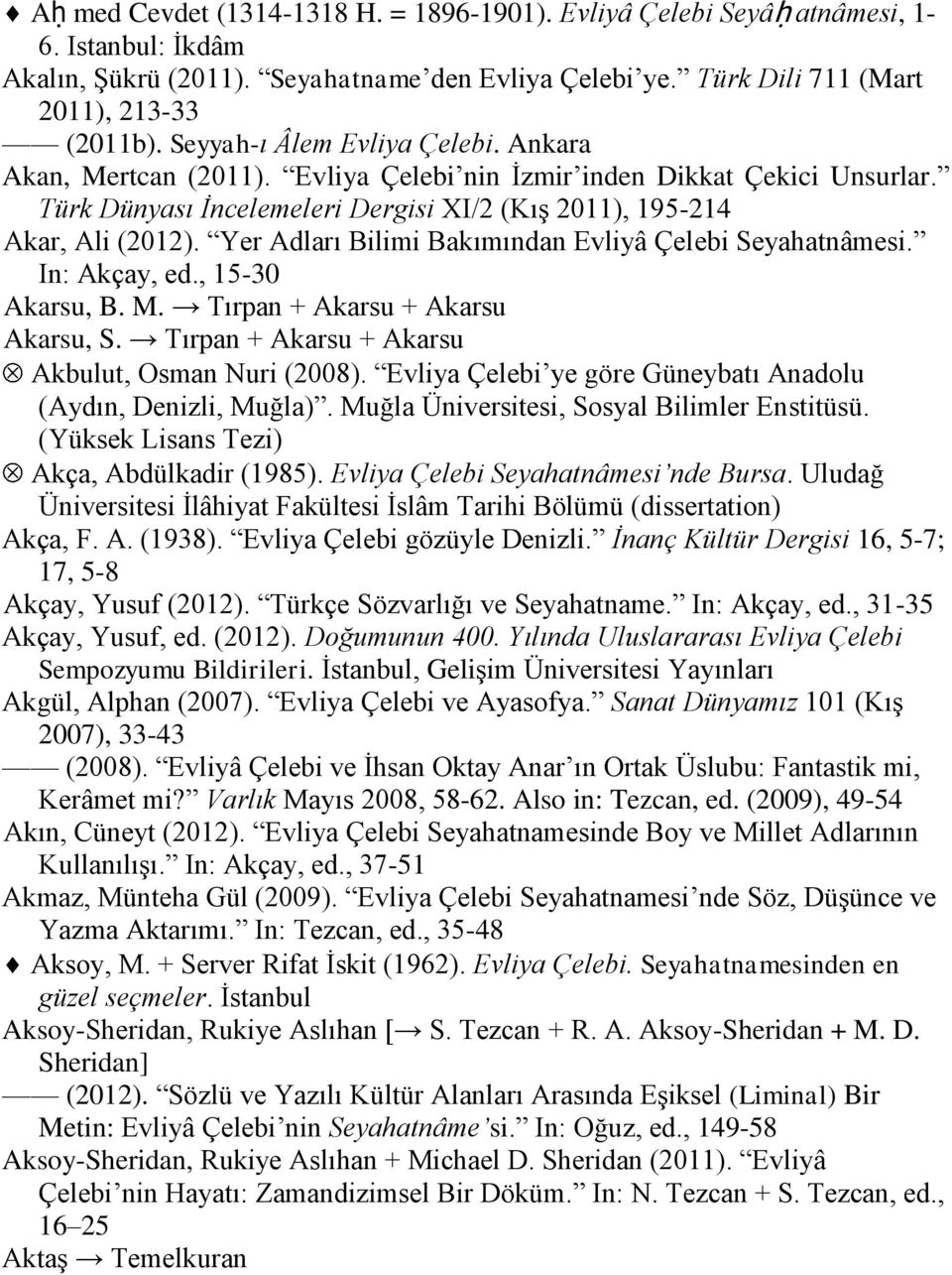 Yer Adları Bilimi Bakımından Evliyâ Çelebi Seyahatnâmesi. In: Akçay, ed., 15-30 Akarsu, B. M. Tırpan + Akarsu + Akarsu Akarsu, S. Tırpan + Akarsu + Akarsu Akbulut, Osman Nuri (2008).