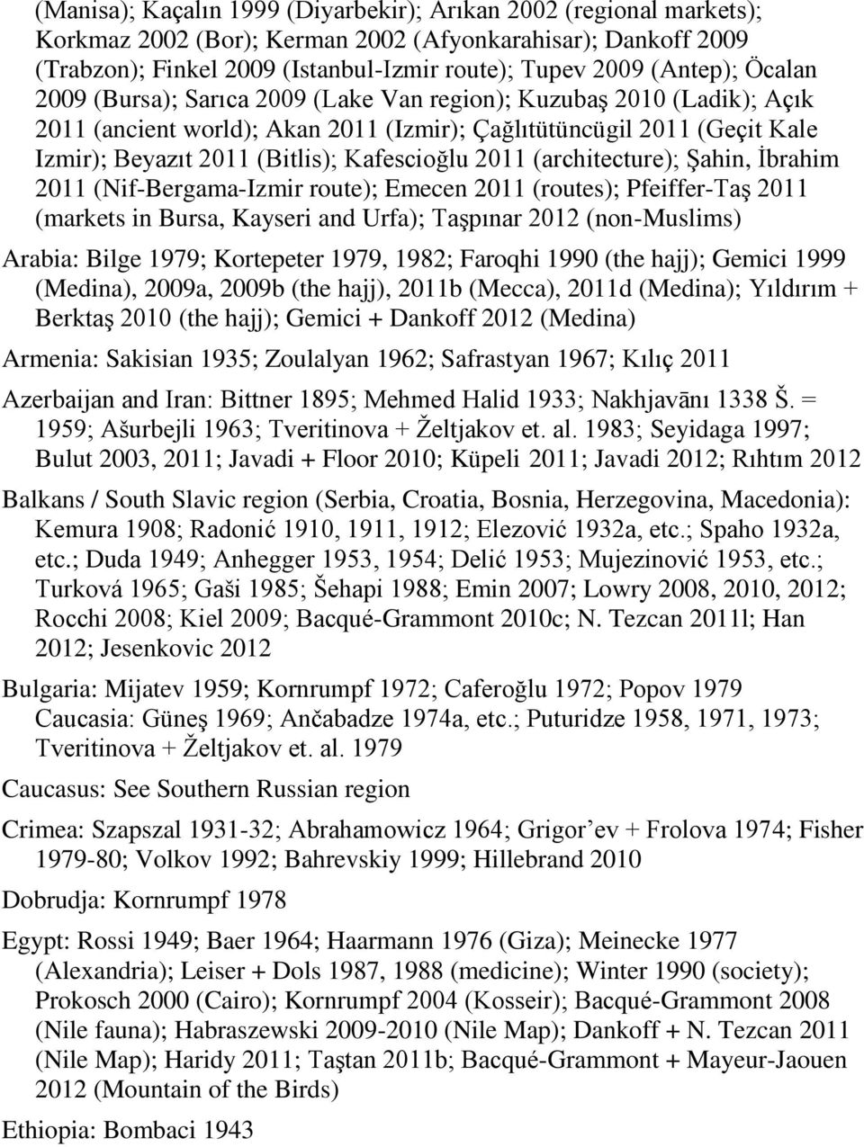 2011 (architecture); Şahin, İbrahim 2011 (Nif-Bergama-Izmir route); Emecen 2011 (routes); Pfeiffer-Taş 2011 (markets in Bursa, Kayseri and Urfa); Taşpınar 2012 (non-muslims) Arabia: Bilge 1979;