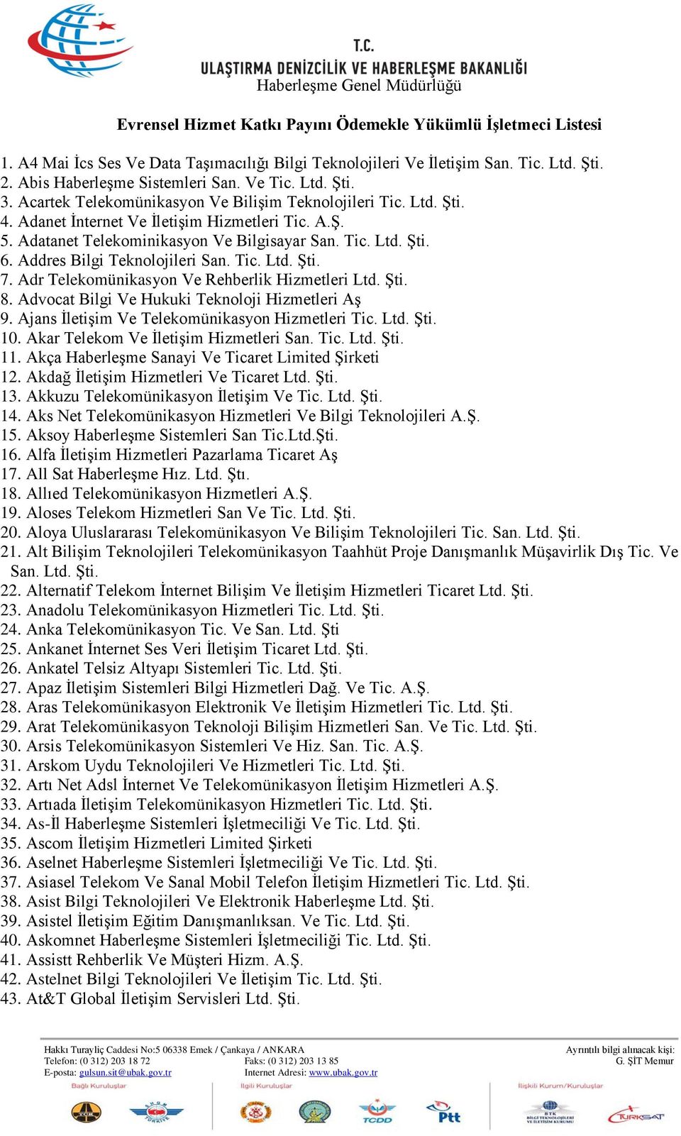 Addres Bilgi Teknolojileri San. Tic. Ltd. Şti. 7. Adr Telekomünikasyon Ve Rehberlik Hizmetleri Ltd. Şti. 8. Advocat Bilgi Ve Hukuki Teknoloji Hizmetleri Aş 9.