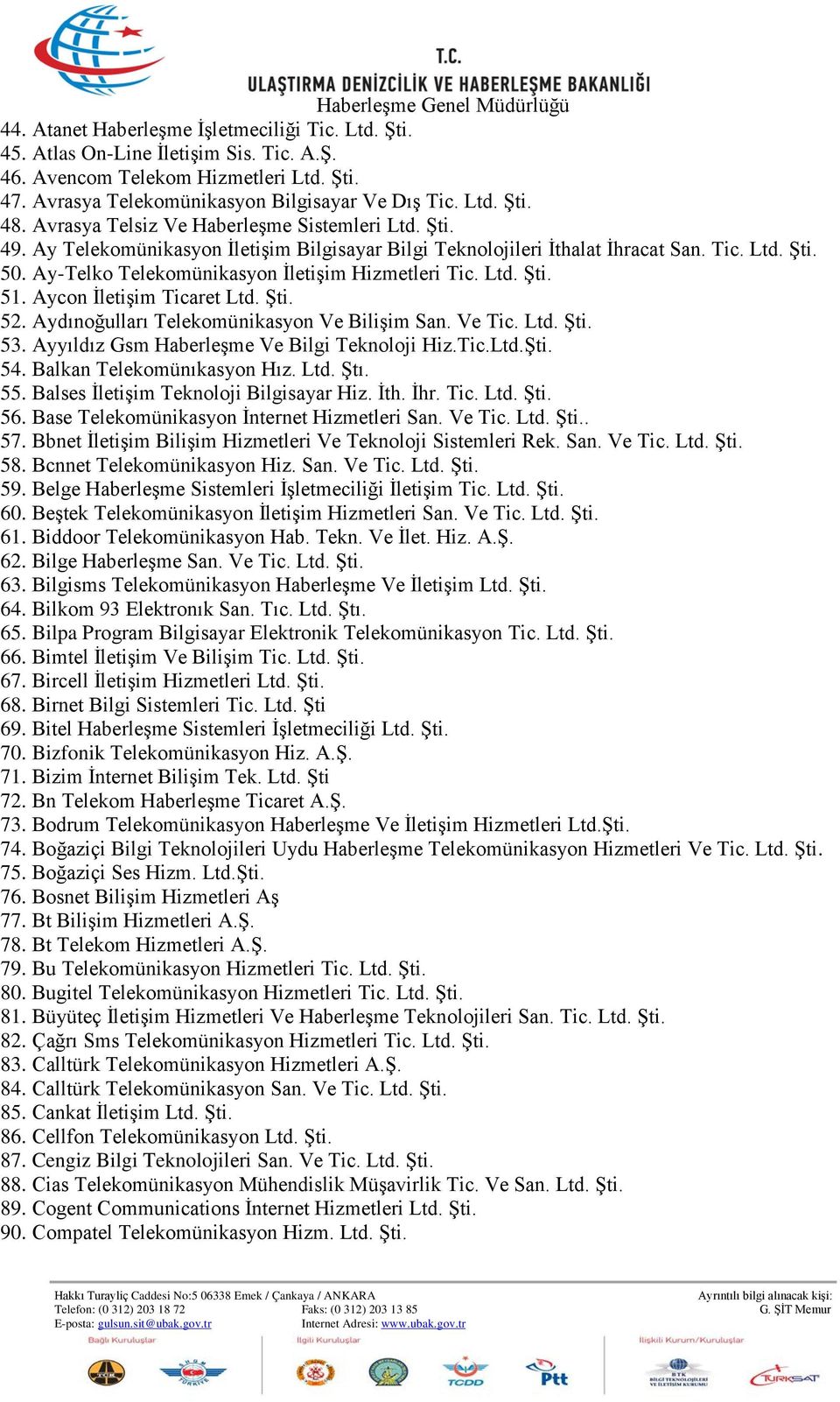 Ay-Telko Telekomünikasyon İletişim Hizmetleri Tic. Ltd. Şti. 51. Aycon İletişim Ticaret Ltd. Şti. 52. Aydınoğulları Telekomünikasyon Ve Bilişim San. Ve Tic. Ltd. Şti. 53.