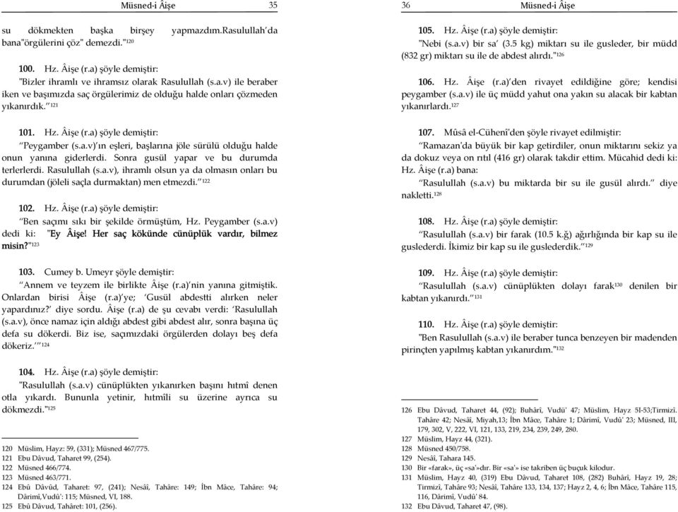 122 102. Hz. Âişe (r.a) şöyle demiştir: Ben saçımı sıkı bir şekilde örmüştüm, Hz. Peygamber (s.a.v) dedi ki: "Ey Âişe! Her saç kökünde cünüplük vardır, bilmez misin?" 123 103. Cumey b.