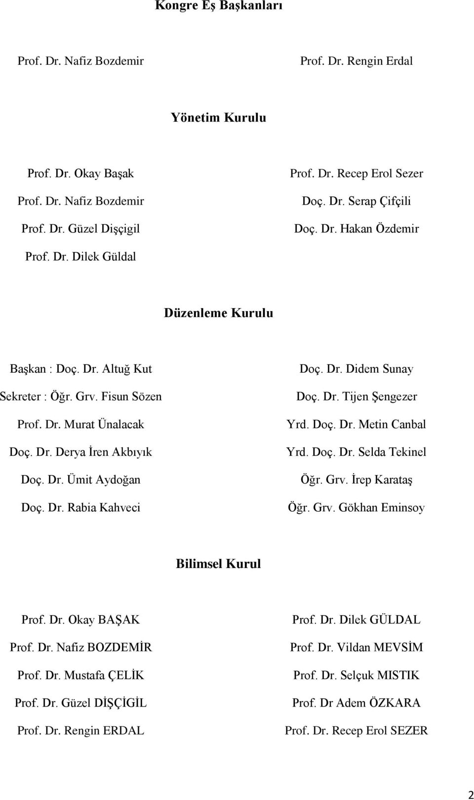 Dr. Rabia Kahveci Doç. Dr. Didem Sunay Doç. Dr. Tijen Şengezer Yrd. Doç. Dr. Metin Canbal Yrd. Doç. Dr. Selda Tekinel Öğr. Grv. İrep Karataş Öğr. Grv. Gökhan Eminsoy Bilimsel Kurul Prof. Dr. Okay BAŞAK Prof.